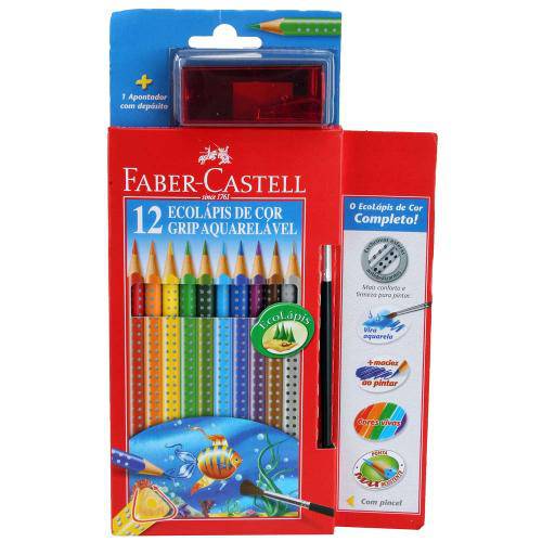 Lápis de Cor Ecolápis 12 Cores Grip Aquarelável Faber Castell + Apontador com Depósito + Pincel