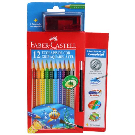 Lápis de Cor Ecolápis 12 Cores Grip Aquarelável Faber Castell + Apontador com Depósito + Pincel