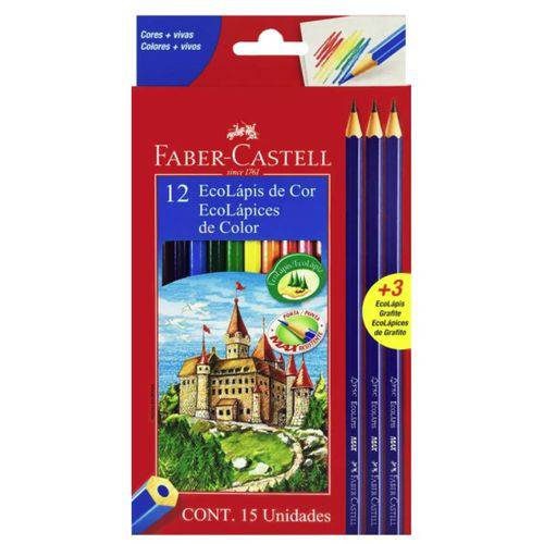 Lápis de Cor Longo 12 Cores + 3 Ecolápis - Faber Castell