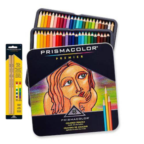 Lápis de Cor Profissional Prismacolor Premier Kit Estojo Metálico 48 Cores + Blister Contendo 2 Lápis Blender.