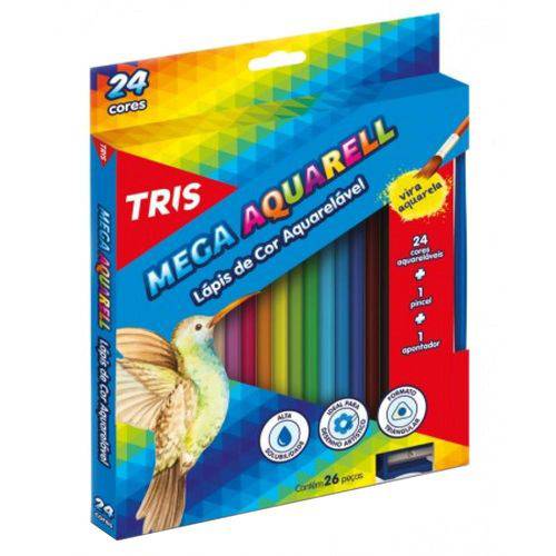 Lápis de Cor Triangular Aquarelável 24 Cores 1 Pincel Mega Aquarell Tris