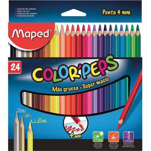 Lápis de Cor Triangular Color Peps 4 Mm 24 Cores Maped Pacote com 04