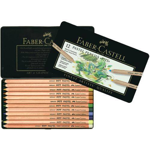 Lápis Faber-Castell Mina Pastel Seco Pitt - Estojo Metálico com 12 Cores - Ref 112112