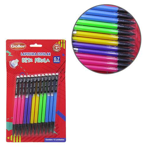 Lapiseira Escolar Bitz Perola Colors 0 7mm com Borracha Kit com 12 Pecas na Cartela