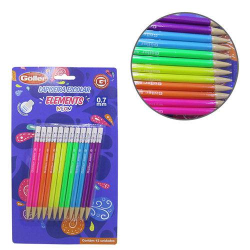 Lapiseira Escolar Elements Neon Colors 0 7mm com Borracha Kit com 12 Pecas na Cartela