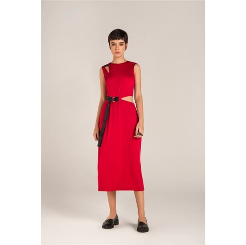 Leboh | Vestido Midi Decote Redondo Detalhe Galao Vermelho - P