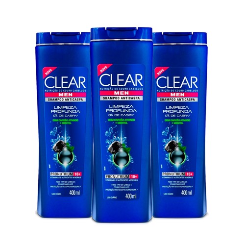 Leve 3 Pague 2 Shampoo Anticaspa Clear Men Limpeza Profunda 400ml