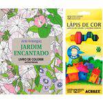 Livro para Colorir Adulto Jardim Encantado + Lápis de Cor Acrilex Hexagonal 12 Cores