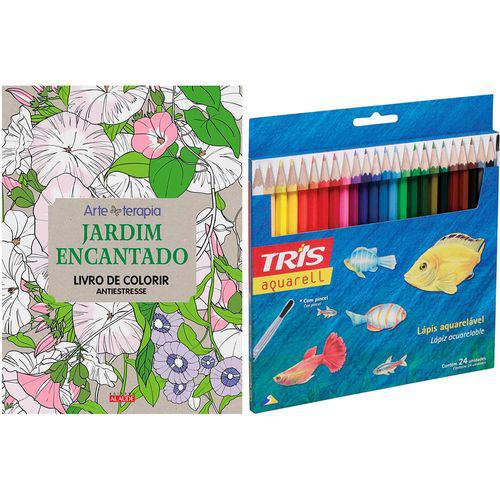 Livro para Colorir Adulto Jardim Encantado + Lápis de Cor Tris Aquarell + Pincel 24 Cores