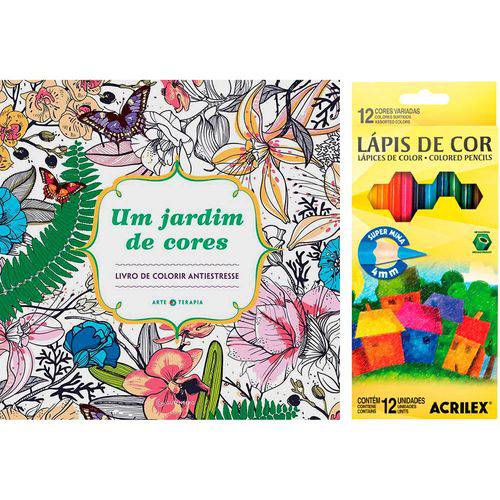 Livro para Colorir Adulto um Jardim de Cores + Lápis de Cor Acrilex Hexagonal 12 Cores
