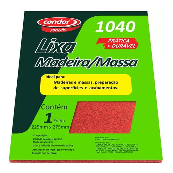 Lixa para Madeira e Massa Condor 1040 Folha Grão 220 22,5x27,5cm