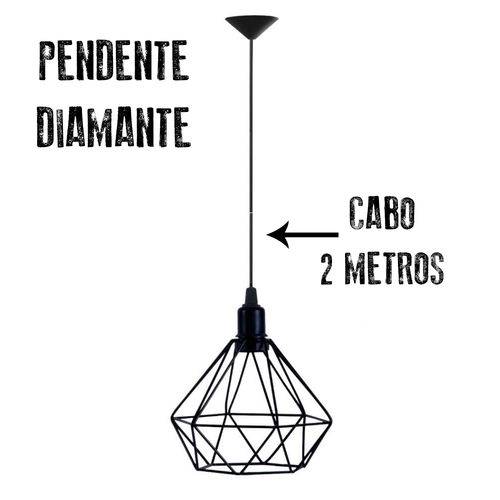 Luminaria Aramado Pendente Diamante Preto com Cabo de 2 Metros