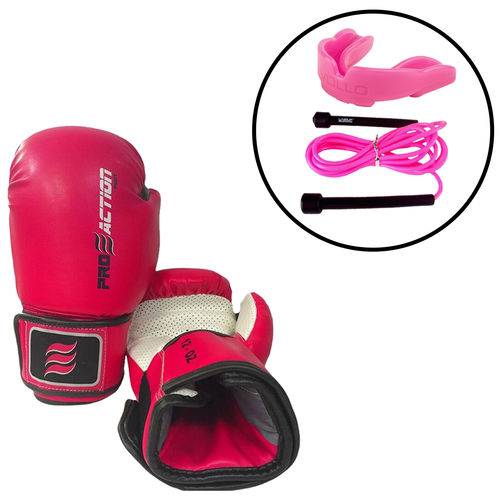 Luva de Boxe ProAction F011 12oz Rosa + Pula Corda + Protetor Bucal com Estojo
