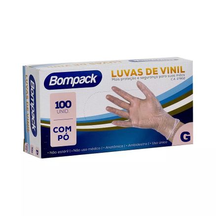 Luvas de Vinil Bompack com Pó Tamanho G 100 Unidades