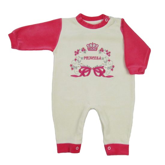 Macacão Bebê Feminino Longo Plush Creme e Pink -P