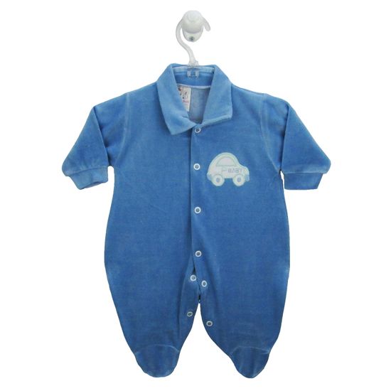 Macacão Bebê Masculino Longo Plush Bordado Azul Claro Carrinho-RN