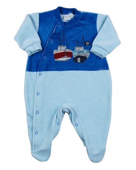 Macacão Bebê Plush Liso e Listrado Barcos a Vela - Azul G