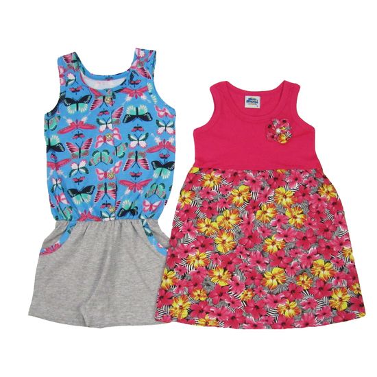 Macaquinho e Vestido Infantil Kit com 2 Unidades Azul Turquesa e Pink-4