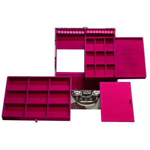 Maleta Estojo Porta Jóias Grande Tripla com Espelho com Pink Mandala 35,5 X 24 X 13cm