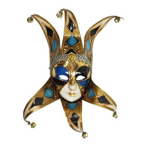 Máscara Cênica San Polo Dourado/Azul de Parede em Papel Machê - 42x20 Cm