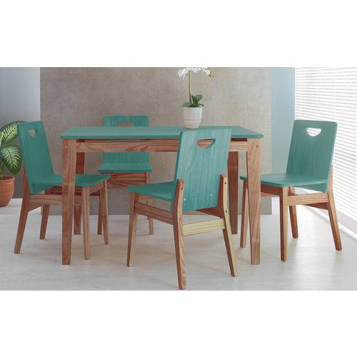Mesa com 4 Cadeiras de Jantar Tucupi 120cm- Acabamento Stain Nozes e Azul