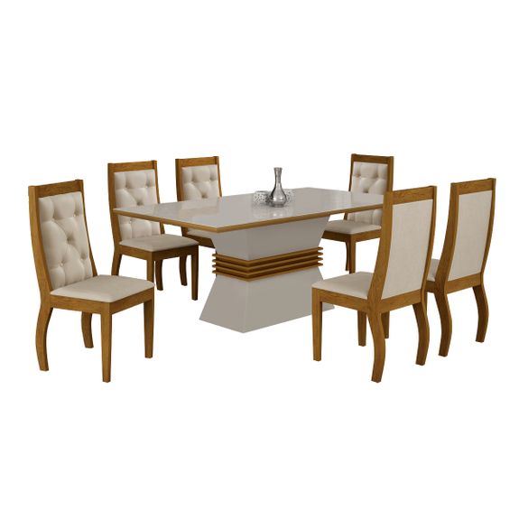 Sala de Jantar Ágata 1.80m com 6 Cadeiras Imbuia/Off White - Veludo Creme