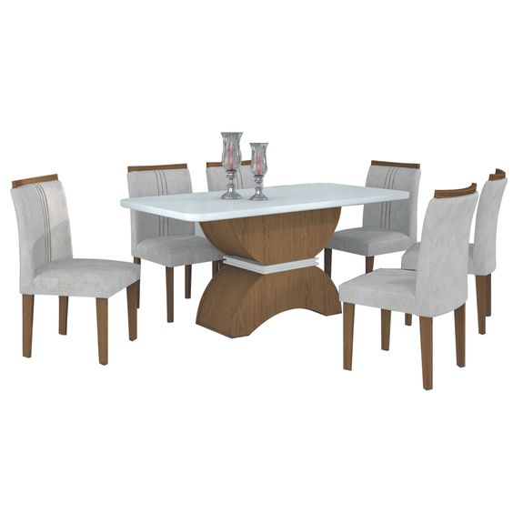 Mesa de Jantar Atenas 180cm Quina Copo com 6 Cadeiras - Imbuia Mel - Branco / Pena Palha