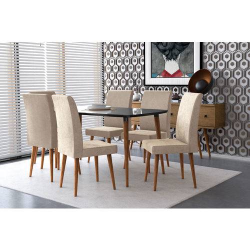 Mesa de Jantar com 6 Cadeiras Jade Black com Suede Bege - RV Móveis