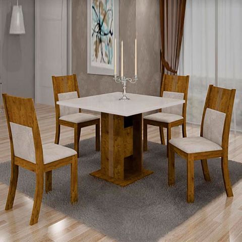 Mesa de Jantar Invicta 0,90m com Vidro Offwhite + 4 Cadeiras Invicta Veludo Palhada - Canela