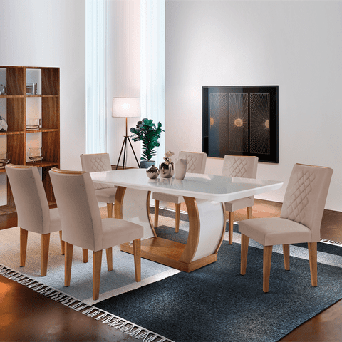 Mesa de Jantar Jade 1,80m com Vidro Offwhite + 6 Cadeiras Jade Linho Rústico - Imbuia com Offwhite
