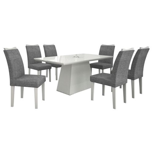 Mesa de Jantar Pampulha 180cm Quina Reta com 6 Cadeiras - Branca / Linho Cinza