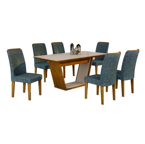 Mesa de Jantar Sofia com 6 Cadeiras Lunara - Off White / Linho Azul