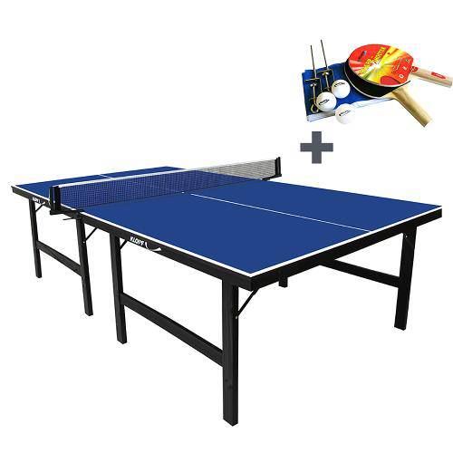 Mesa de Ping Pong 18 Mm Klopf com Rodízio Articulado Azul + Kit de Raquetes, Bolinhas e Rede