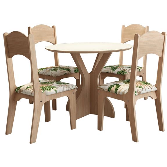 Mesa Nina com 4 Cadeiras - Natural/Floral Verde