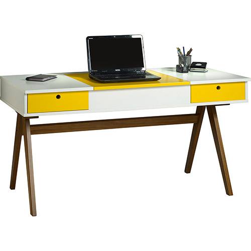 Mesa para Computador / Penteadeira Delacroix 2 Gavetas Nogal Branco/Amarelo - Máxima