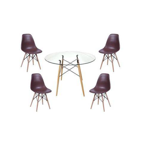 Mesa Redonda Eames 90cm com Tampo de Vidro 10mm e 4 Cadeiras Eames Wood - Ajprcj009or