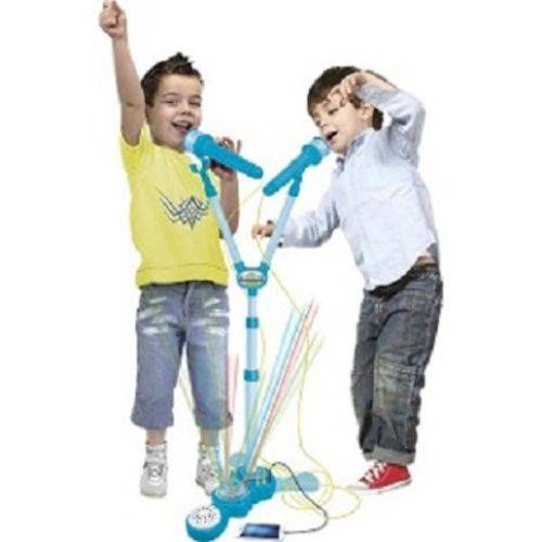 Microfone Infantil Duplo com Amplificador Karaoke e Pedestal com Luz e Som Azul Meninos