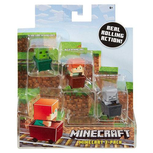 Minecraft Mini Figuras - Pack com 3 - com Carrinho - Cubos de Slim - Alex - Esqueleto
