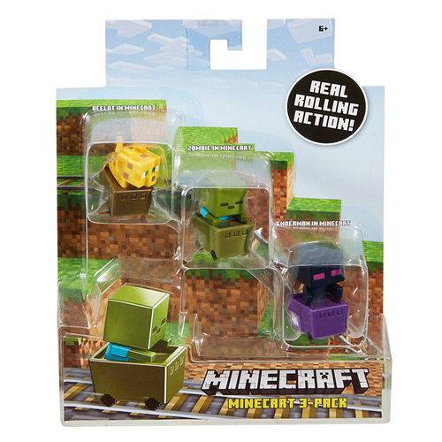 Minecraft Mini Figuras - Pack com 3 - com Carrinho - Jaguatirica - Zumbi - Enderman
