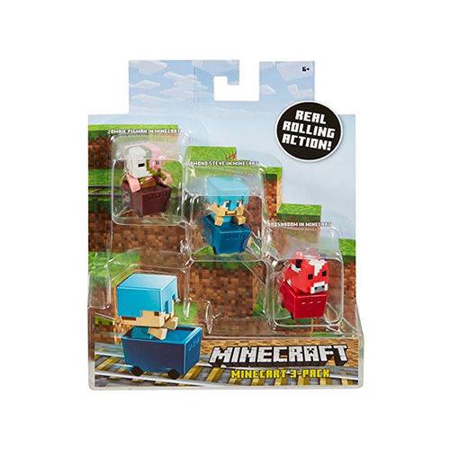 Minecraft Mini Figuras - Pack com 3 - com Carrinho - Porco Zumbi - Steve de Diamante - Cogumelo