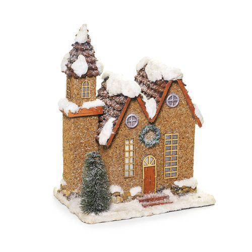 Mini Casa Decoração de Natal com Neve 37cm Marrom