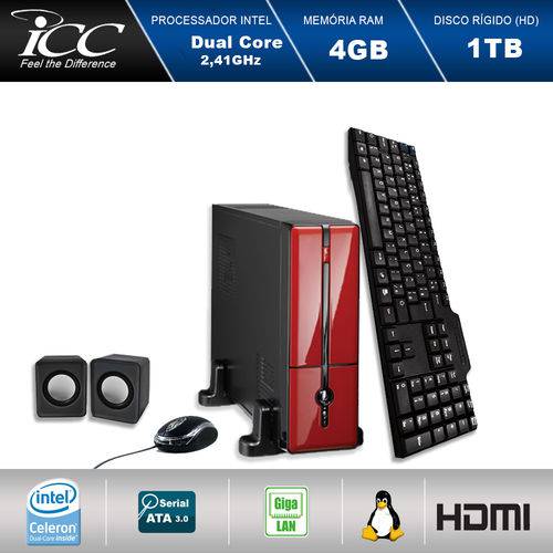 Mini Computador Icc Sl1842kv Intel Dual Core 2.41ghz 4gb HD 1tb Kit Multimídia Usb3.0 Hdmi Fullhd Vermelho