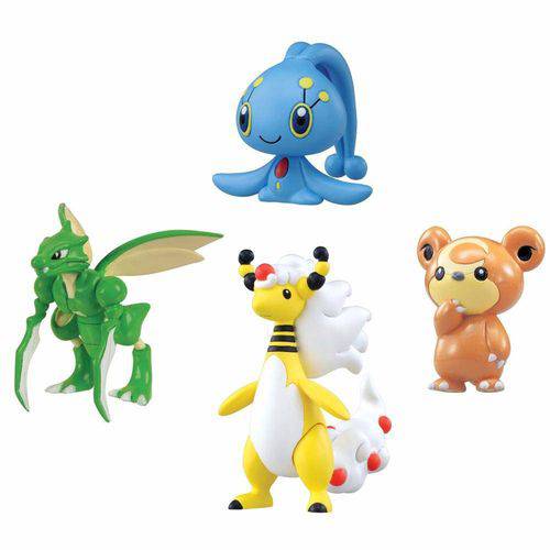 Mini Figuras Pokémon - 4 Unidades - Ampharos, Manaphy, Teddiursa e Scyther - Tomy