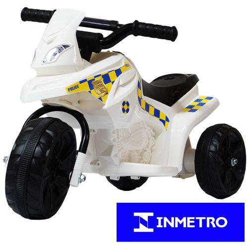 Mini Moto Elétrica Triciclo Criança Infantil Bateria 6V Branca Polícia Bivolt