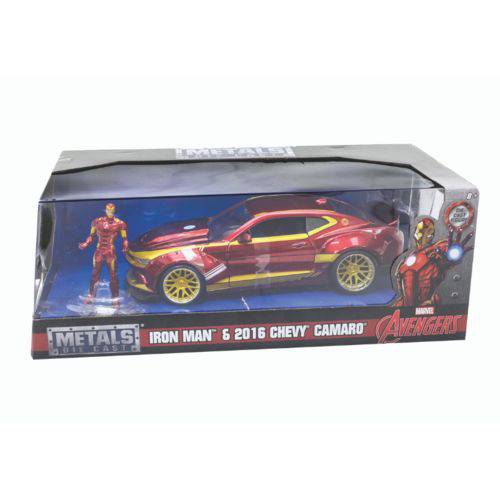 Miniatura Chevy Camaro SS 2016 e Figura Marvel Homem de Ferro em Metal 1:24 Jada Toys