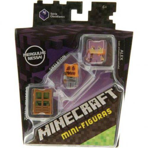 Minicraft Mini Figuras - Pack com 3 - 4 Serie Obsidianos - Zumbi Invasor - Skeleton - Alex