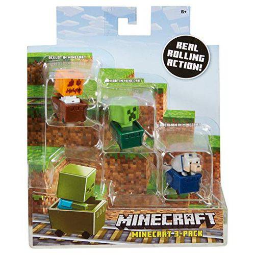 Minicraft Mini Figuras - Pack com 3 - com Carrinho - Golem de Neve - Creeper - Lobo
