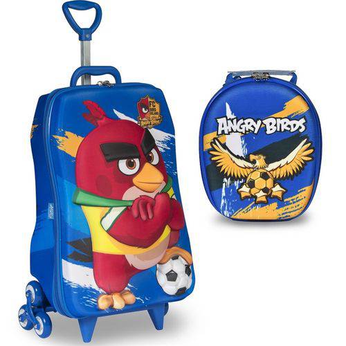 Mochila Escolar 3D com Rodinhas e Lancheira MaxToy Angry Birds Futebol