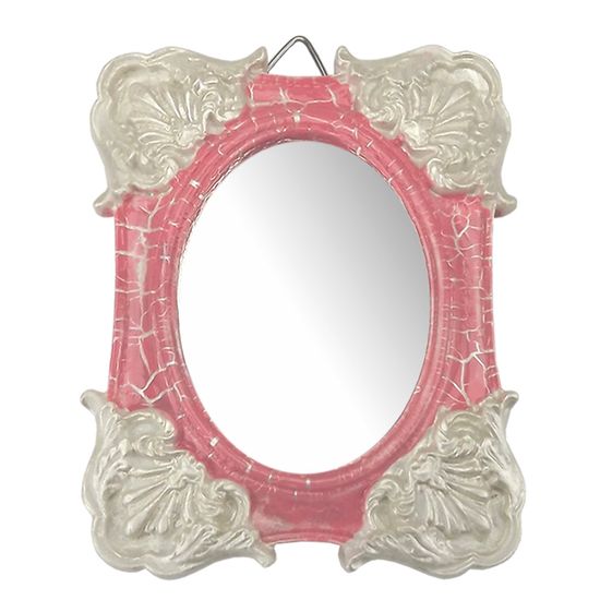 Moldura Colonial Cantoneira e Oval com Espelho Rosa e Branco Craquelê 10x13cm - Resina