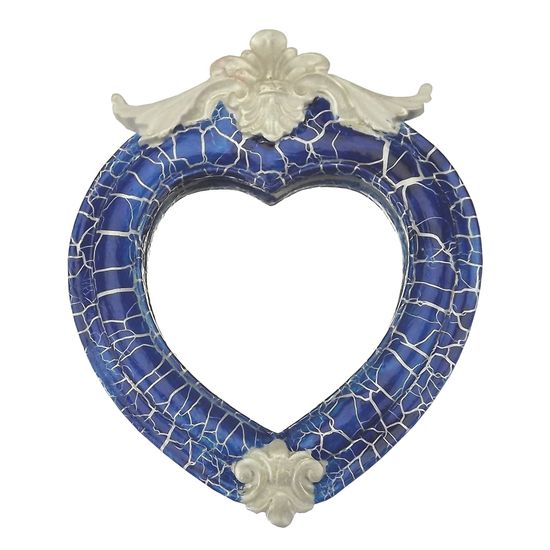 Moldura Coração Colonial Cantoneira com Espelho Azul e Branco Craquelê 13,5x9,2cm - Resina